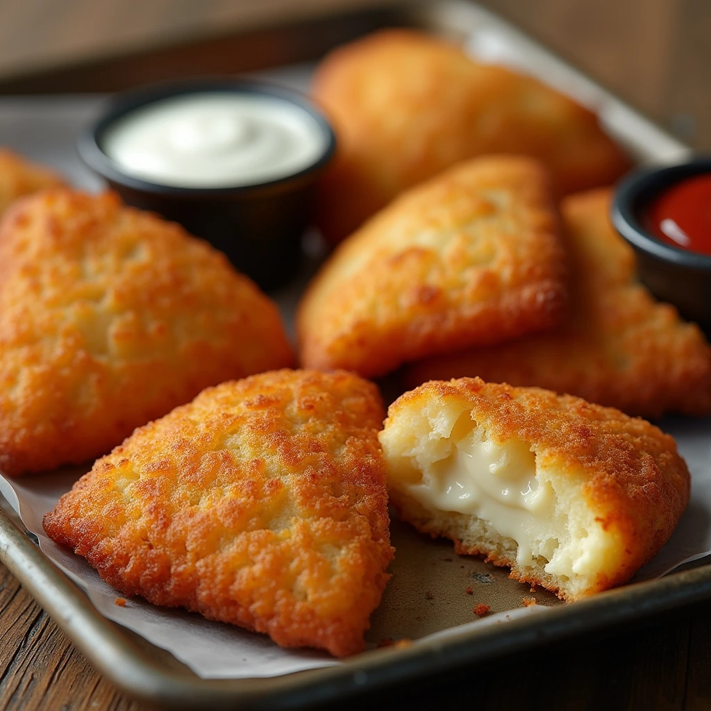 Close-up of Arby’s Potato Cakes, golden and crispy, served with dipping sauces on a rustic wooden table.