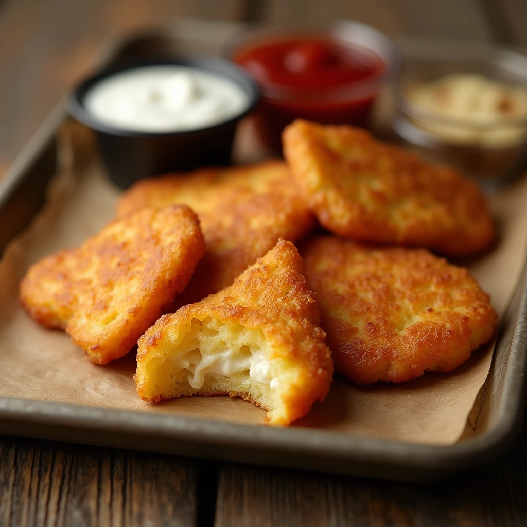 Close-up of Arby’s Potato Cakes, golden and crispy, served with dipping sauces on a rustic wooden table.