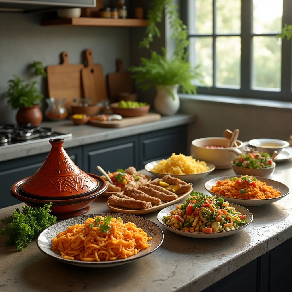 A modern kitchen counter displaying globally inspired Milk Street recipes, including Moroccan tagine, Italian pasta, and Southeast Asian curry.