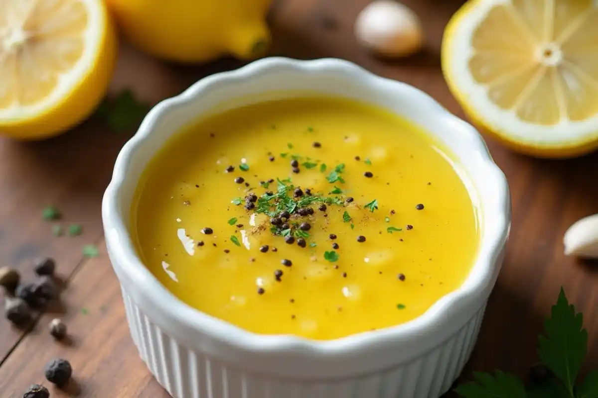 A Bowl Of Lemon Pepper Sauce Surrounded By Its Fresh Ingredients