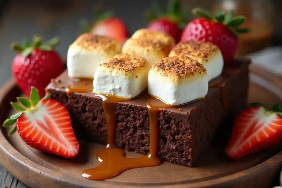 Toasted Marshmallow Topped Chocolate Cake With Strawberries And Caramel Drizzle