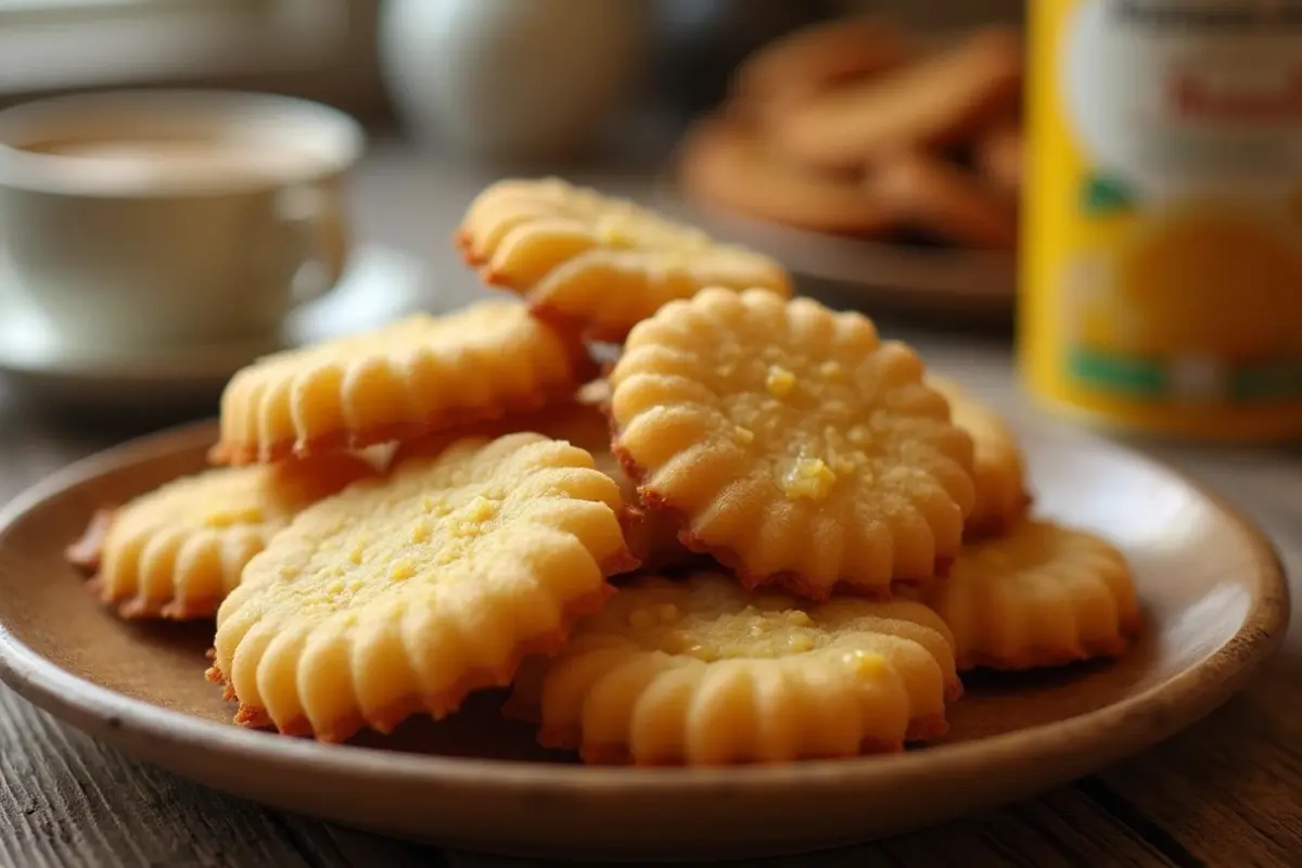 A Plate Of Homemade Condensed Milk Cookies With A Cup Of Tea