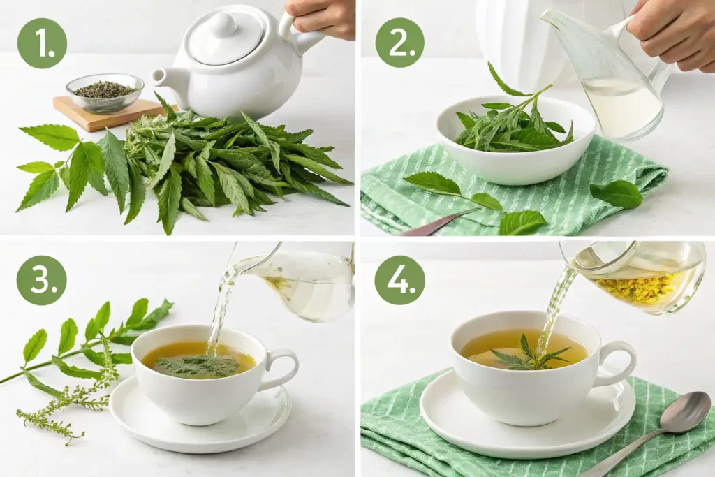 A Step By Step Illustration Of Making Lemon Verbena Tea From Fresh Leaves