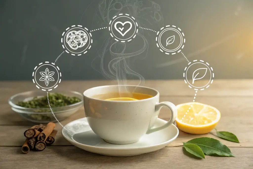 An Artistic Representation Of Lemon Verbena Tea Benefits, Including Digestion, Immunity, And Relaxation