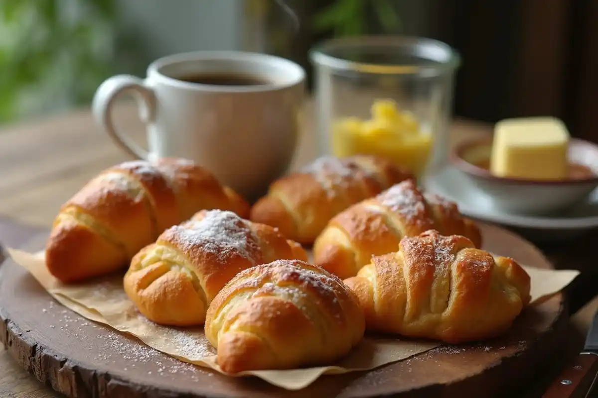 Freshly Baked Swiss Gipfeli Recipe With Butter And Jam On A Wooden Table