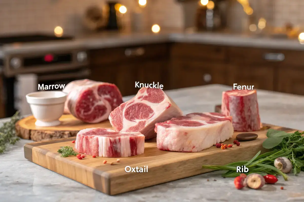 Various Types Of Beef Bones Displayed On A Wooden Board