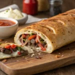 A Freshly Baked Mozzarella Cheesesteak Stromboli